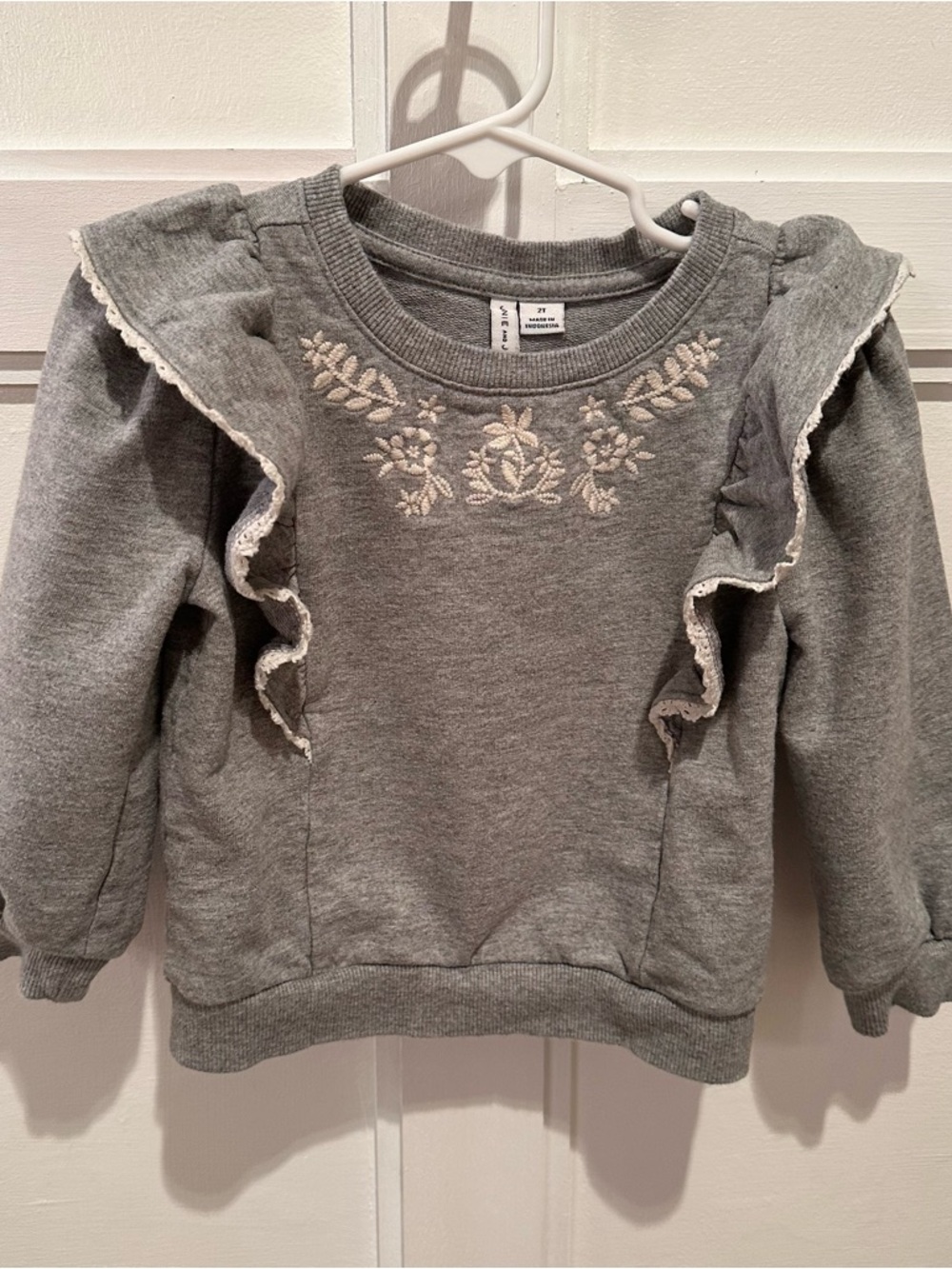 Janie & Jack Girls Gray Ruffle Sweatshirt with Embroidered Detail